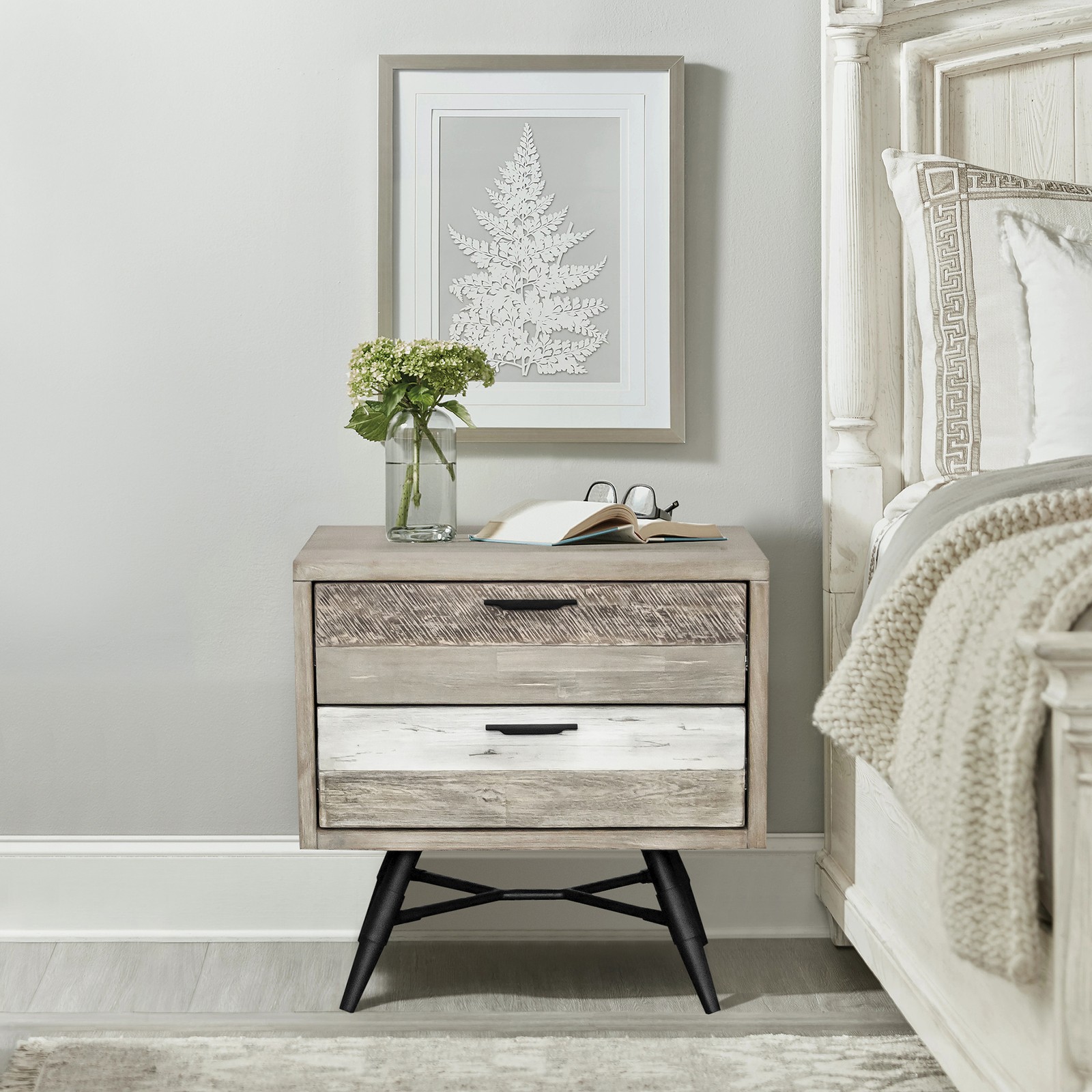 Bridges 2 Drawer Nightstand in Two Tone Acacia Wood,PRODUCT DIMENSIONS gallery