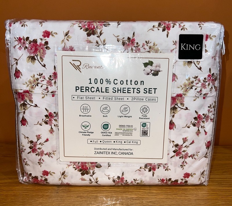RUVANTI 100% Cotton Percale Sheet Set, KING, Bouquet Flowers Pink & White Sheets gallery