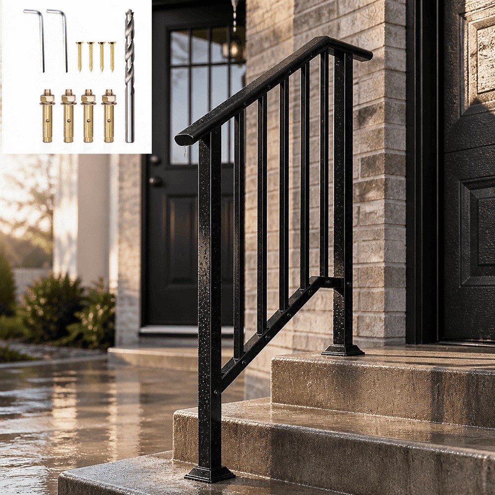 Handrails for Outdoor Steps 2 to 3 Stair Railing Wrought Iron Hand Rail 600lbs gallery