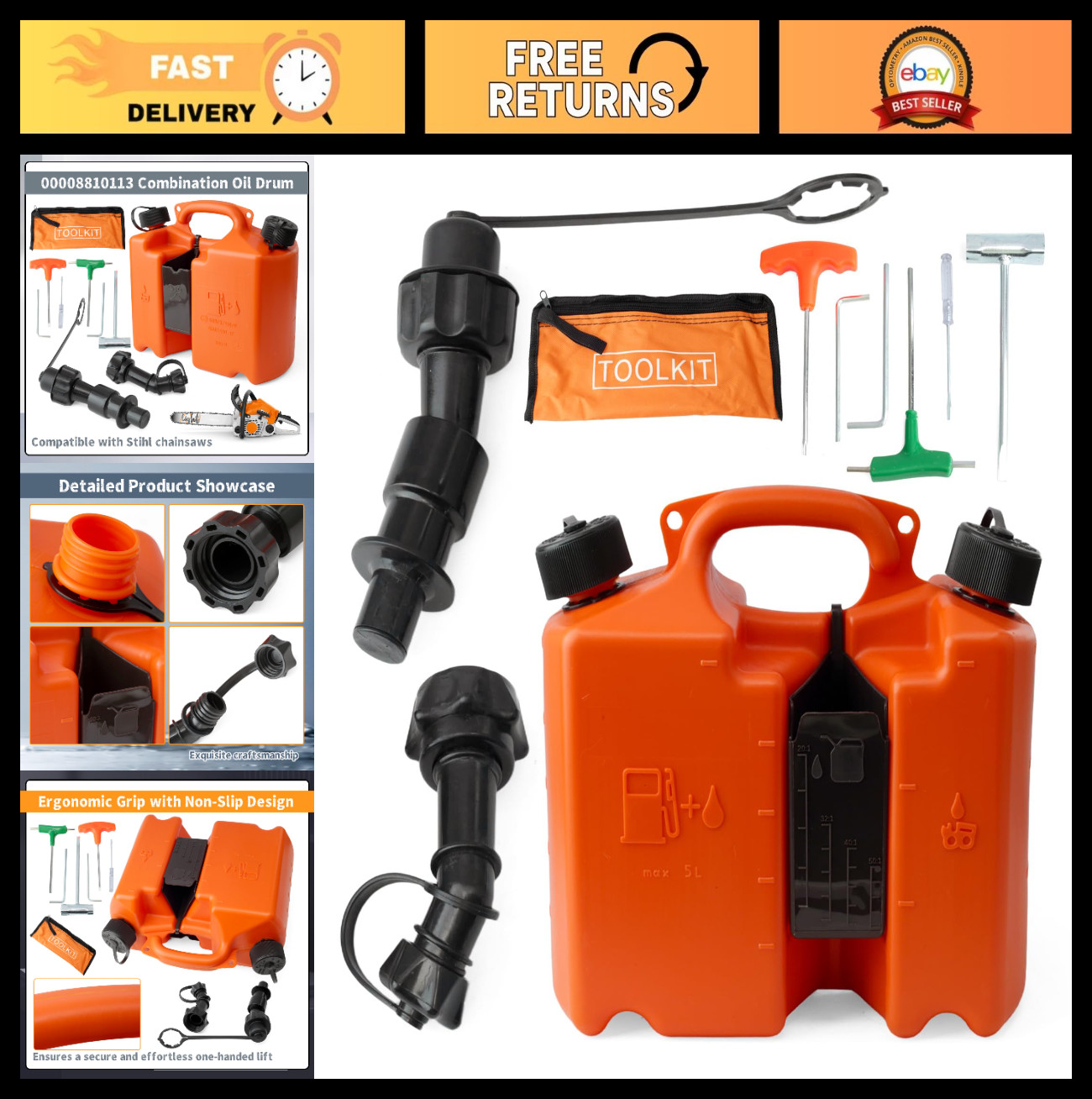 5L + 2L Fuel Container for Chainsaws, Spill Proof Nozzle, Oil & Fuel Drum, Orang gallery