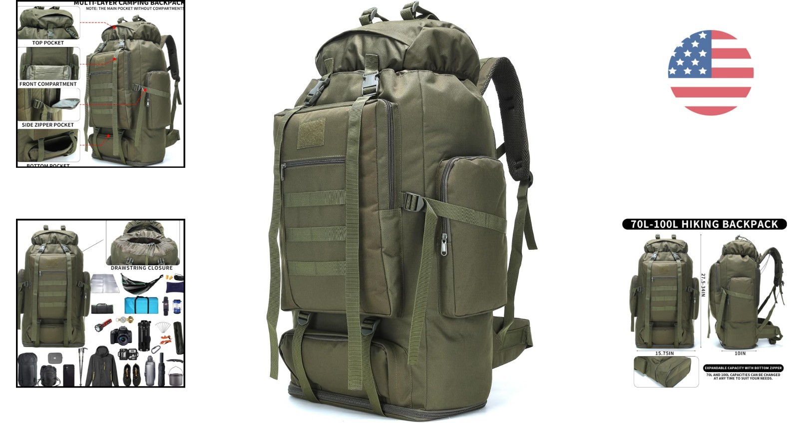 Lightweight 70L/100L Hiking Backpack with Comfortable Mesh Padding & Durability 2