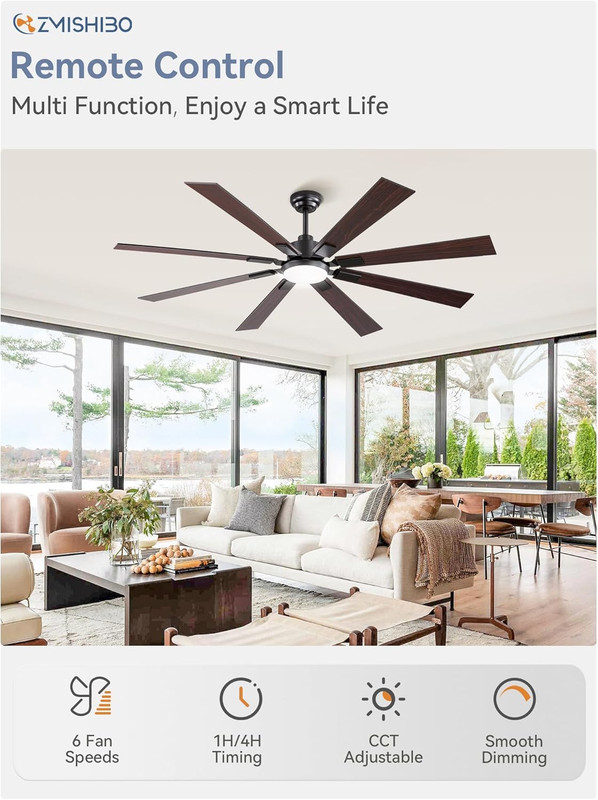 65" Black Ceiling Fan with Lights & Remote, 6 Speed, Quiet Reversible Motor gallery