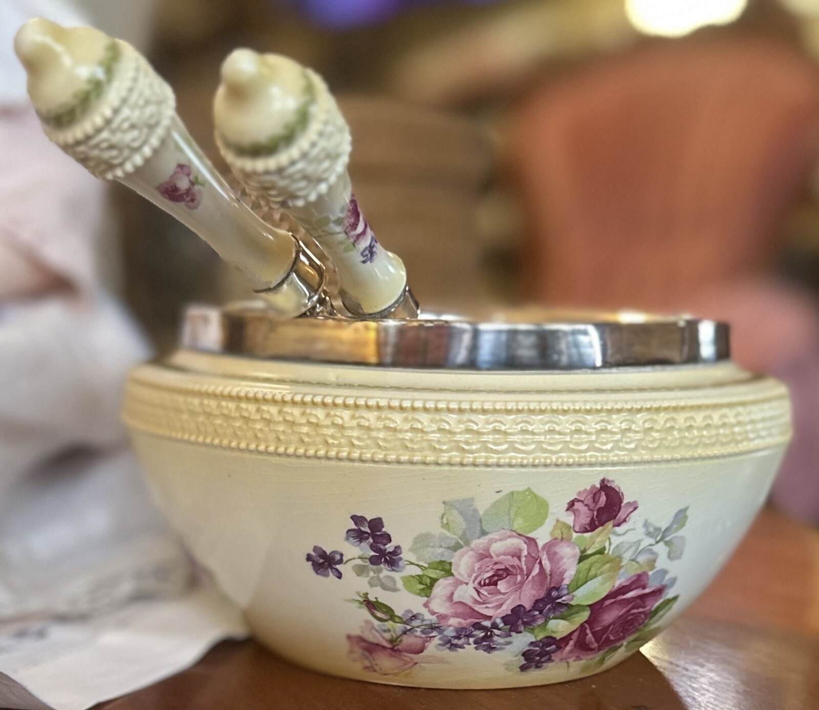 Antique Hand-Painted Crown Devon Fielding Elm England Salad Bowl With Utensils C gallery
