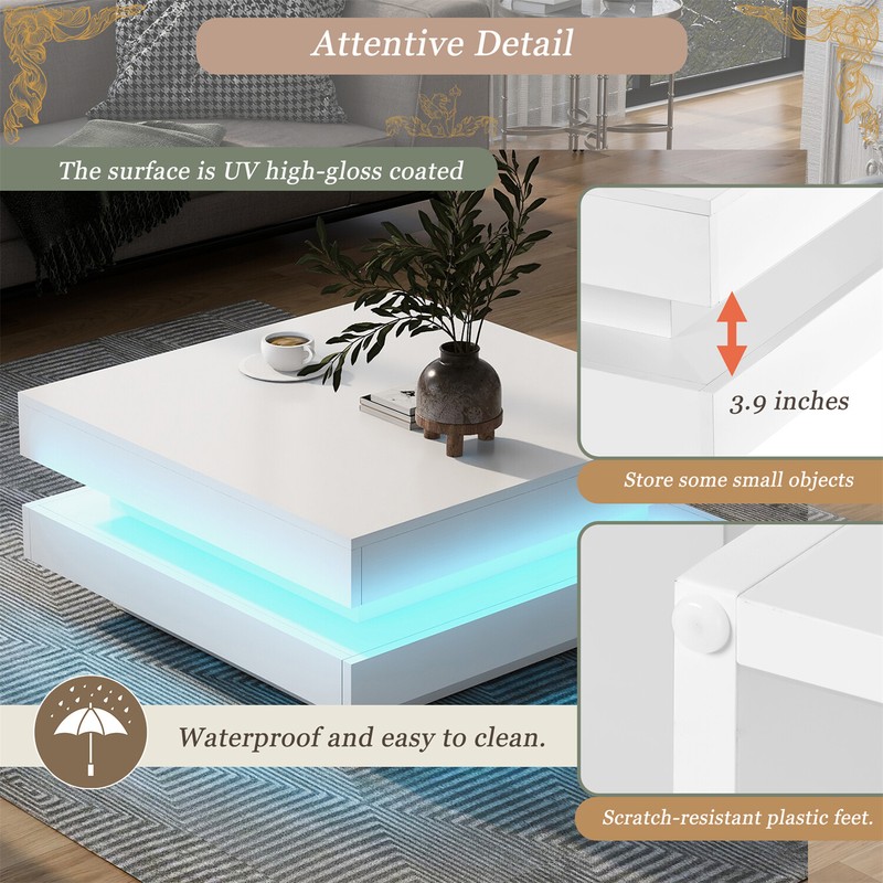 High Gloss Square LED Coffee Table Side End Table Center Tables w/ LED Light New gallery