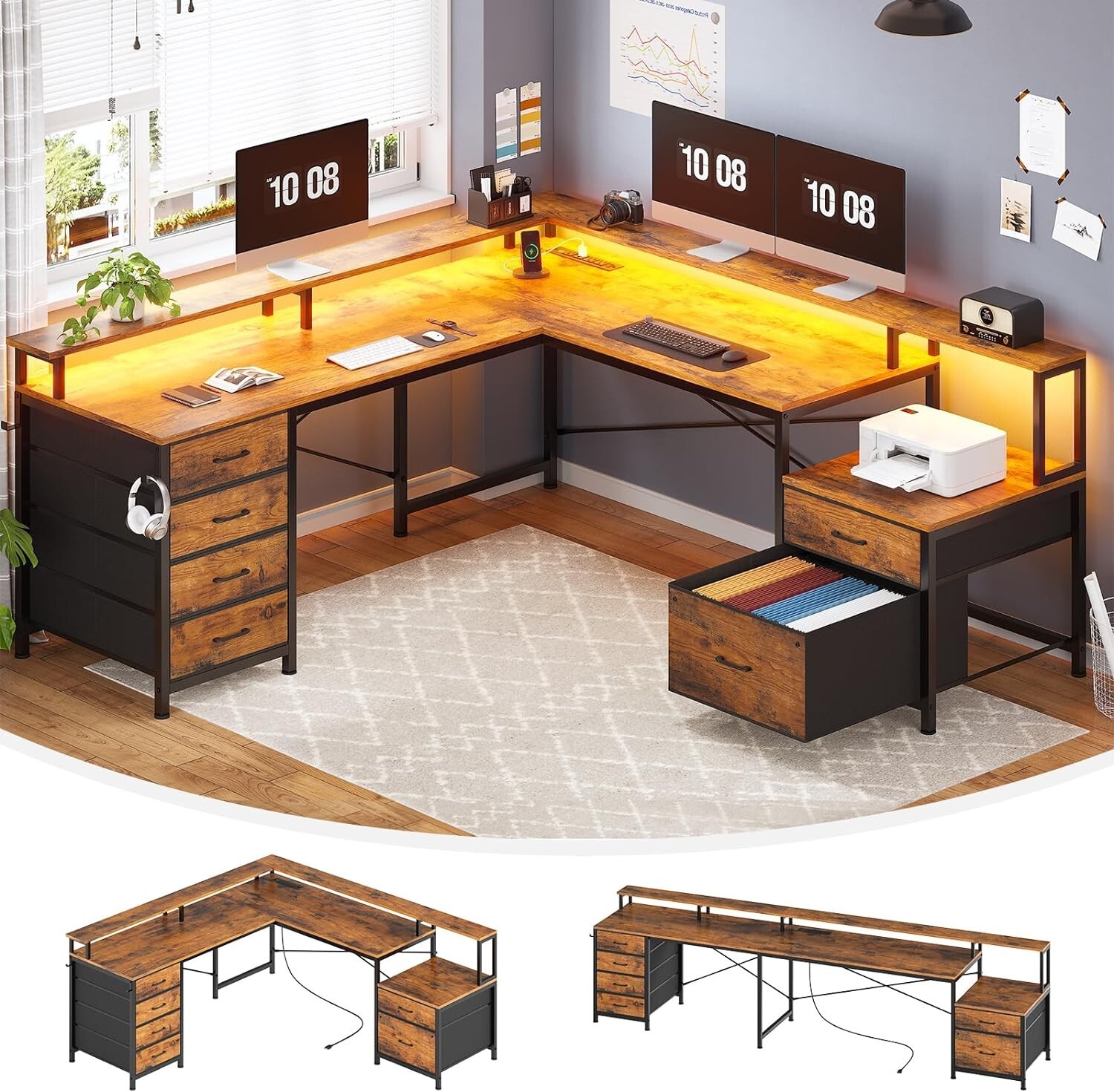 L Shaped Desk with 6 Drawer, Power Outlet and Led Lights Corner Computer Desk gallery