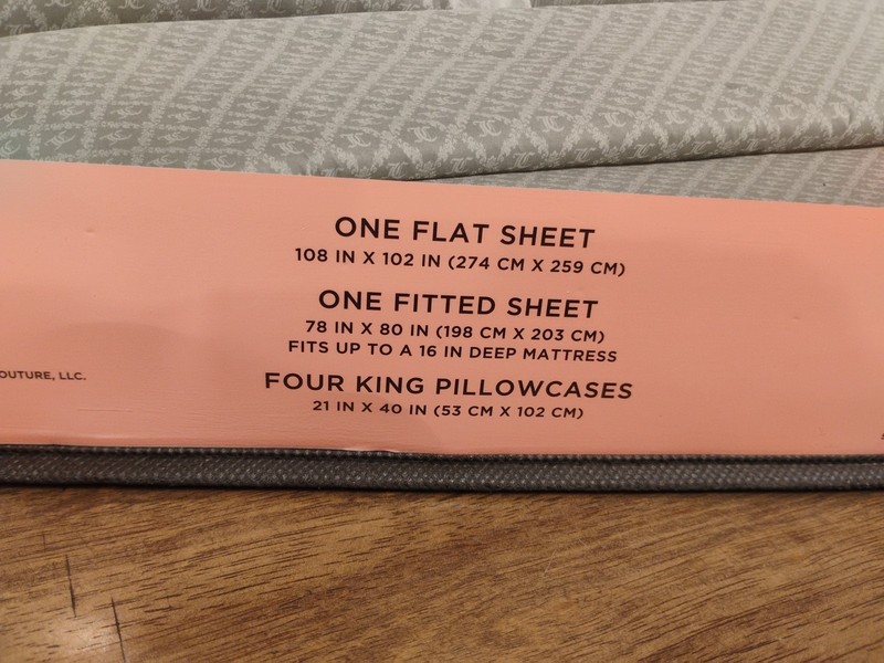 JUICY COUTURE 6-Piece Sheet Set - King - GRAY "JC" Flat, Fitted, 4 Pillowcases gallery
