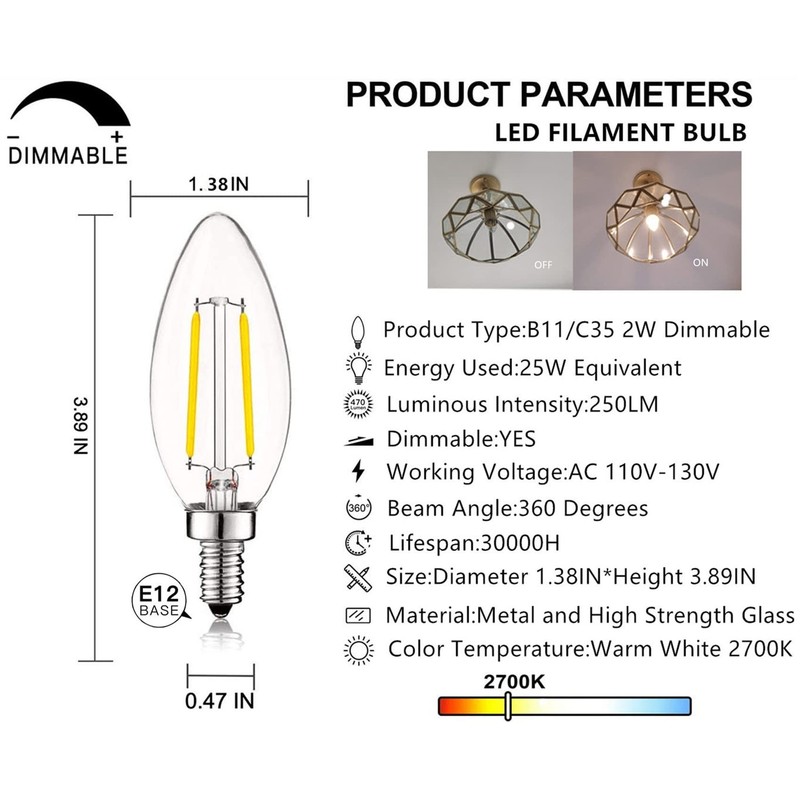 2W LED Candelabra Bulb 25W Equivalent E12 Dimmable LED Bulbs Clear Filament V... gallery