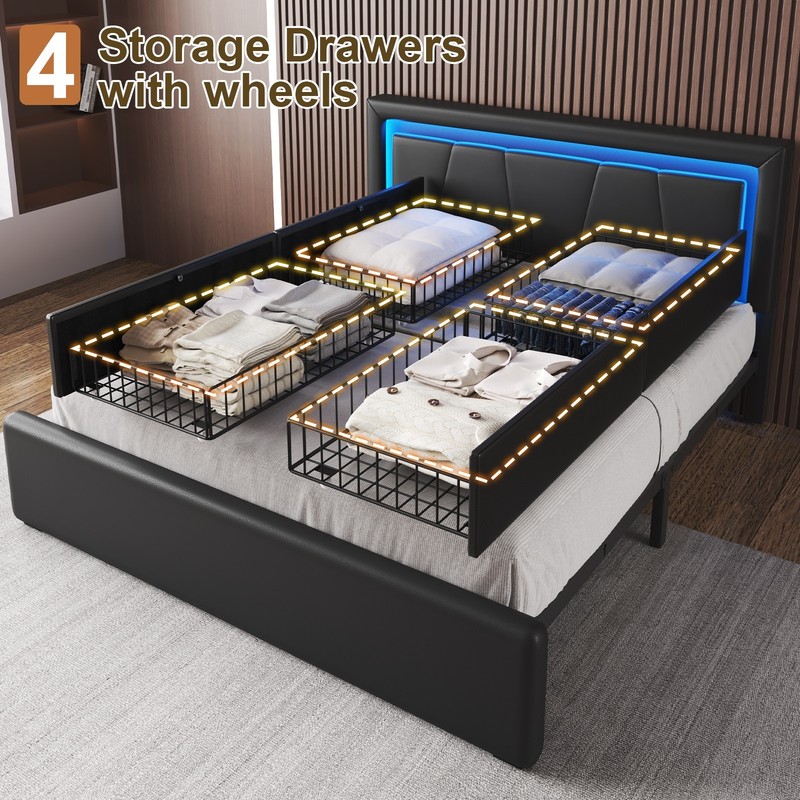 Full/Queen Upholstered Bed Frame, LED Light and Adjustable Headboard, 4 Drawers gallery