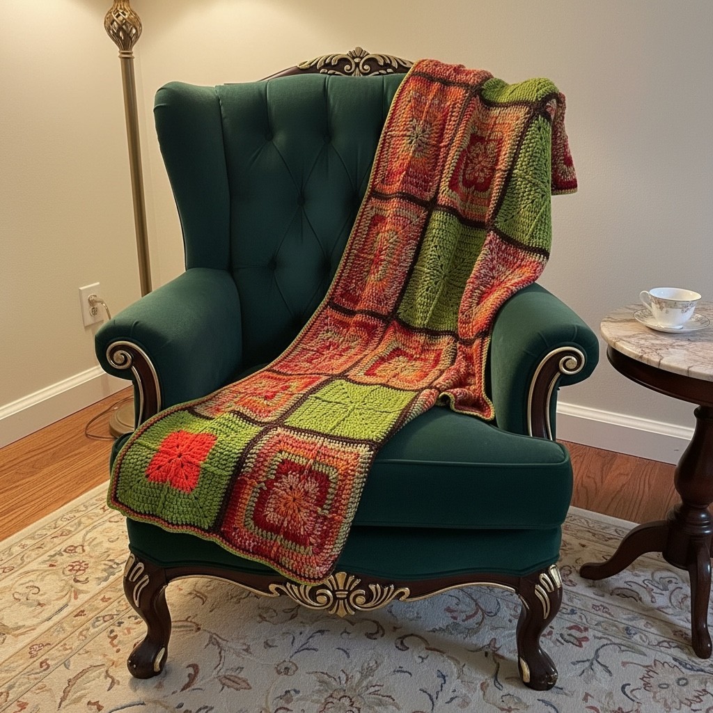 Hand Crocheted Granny Square Throw Blanket Boho Cottagecore Green Coral Afghan gallery