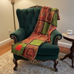 Hand Crocheted Granny Square Throw Blanket Boho Cottagecore Green Coral Afghan