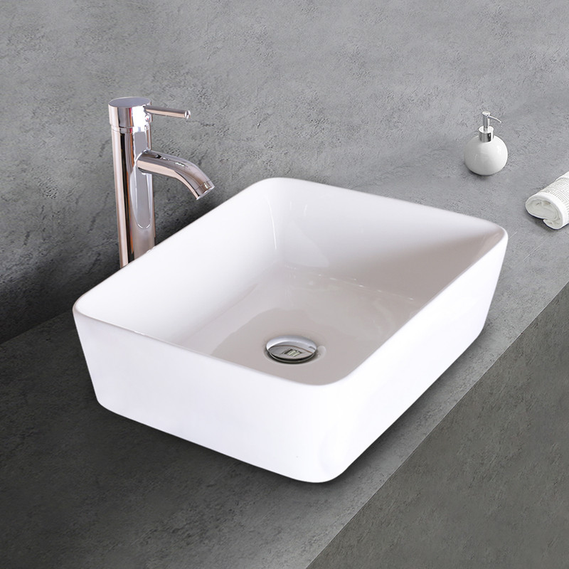 Bathroom Ceramic Vessel Sink White Rectangle Faucet Bowl Pop Up Drain Top Combo gallery