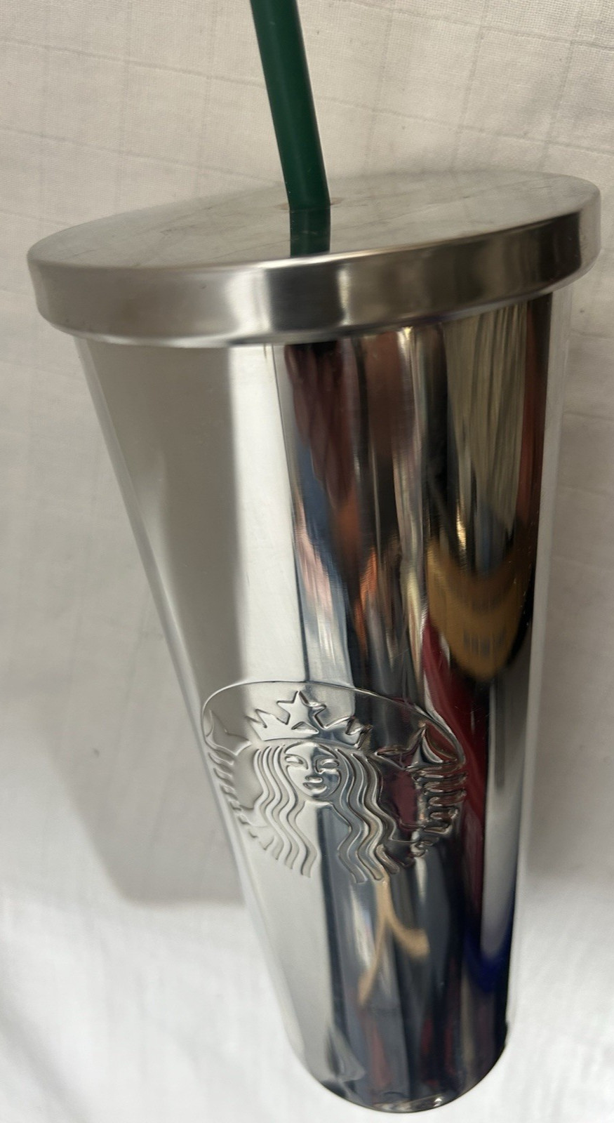 STARBUCKS 24 ounce Cold Cup Chrome Gray Stainless Steel Travel Green Straw gallery
