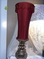 26” Bronze Plaster Base Table Lamp Light Maroon Fluted Beaded 10” Diameter Shade