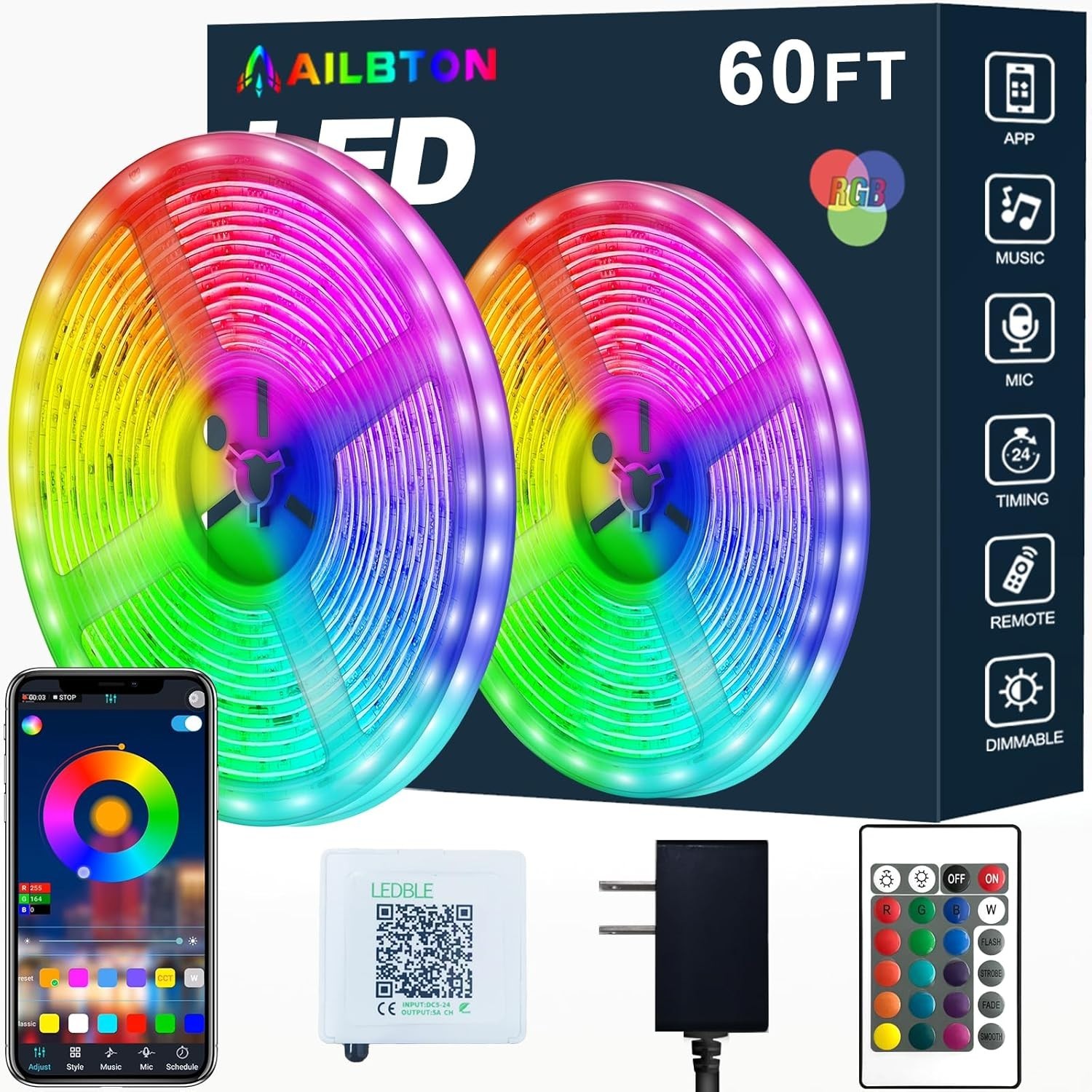 Water-Resistant 60ft LED Strip Lights with Multiple Modes & Easy Installation gallery