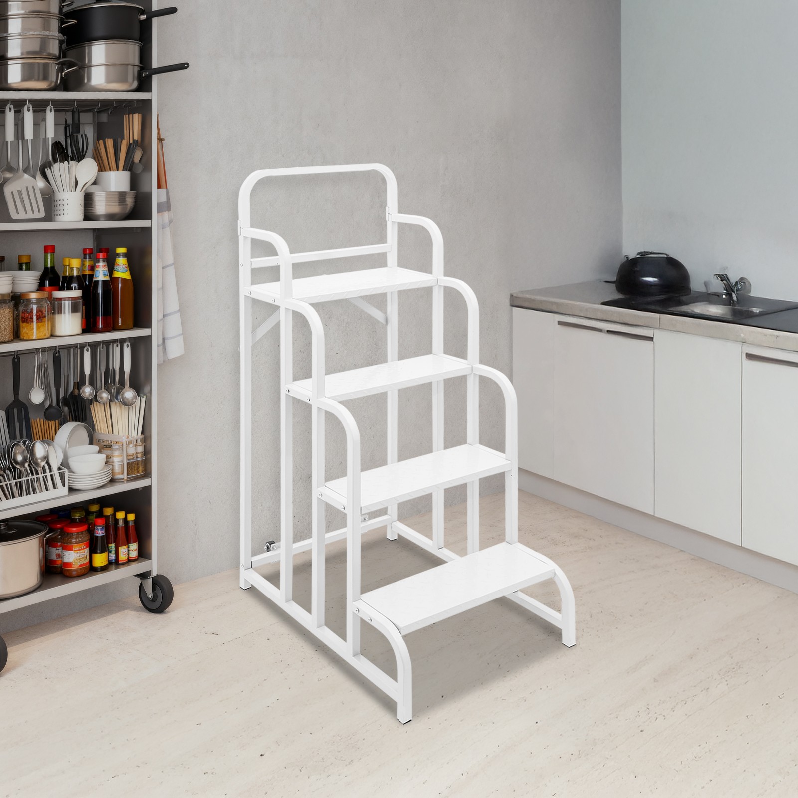 4-Step Stair 330lbs 2 Wheels Rolling Ladder For Supermarket Warehouse Library gallery