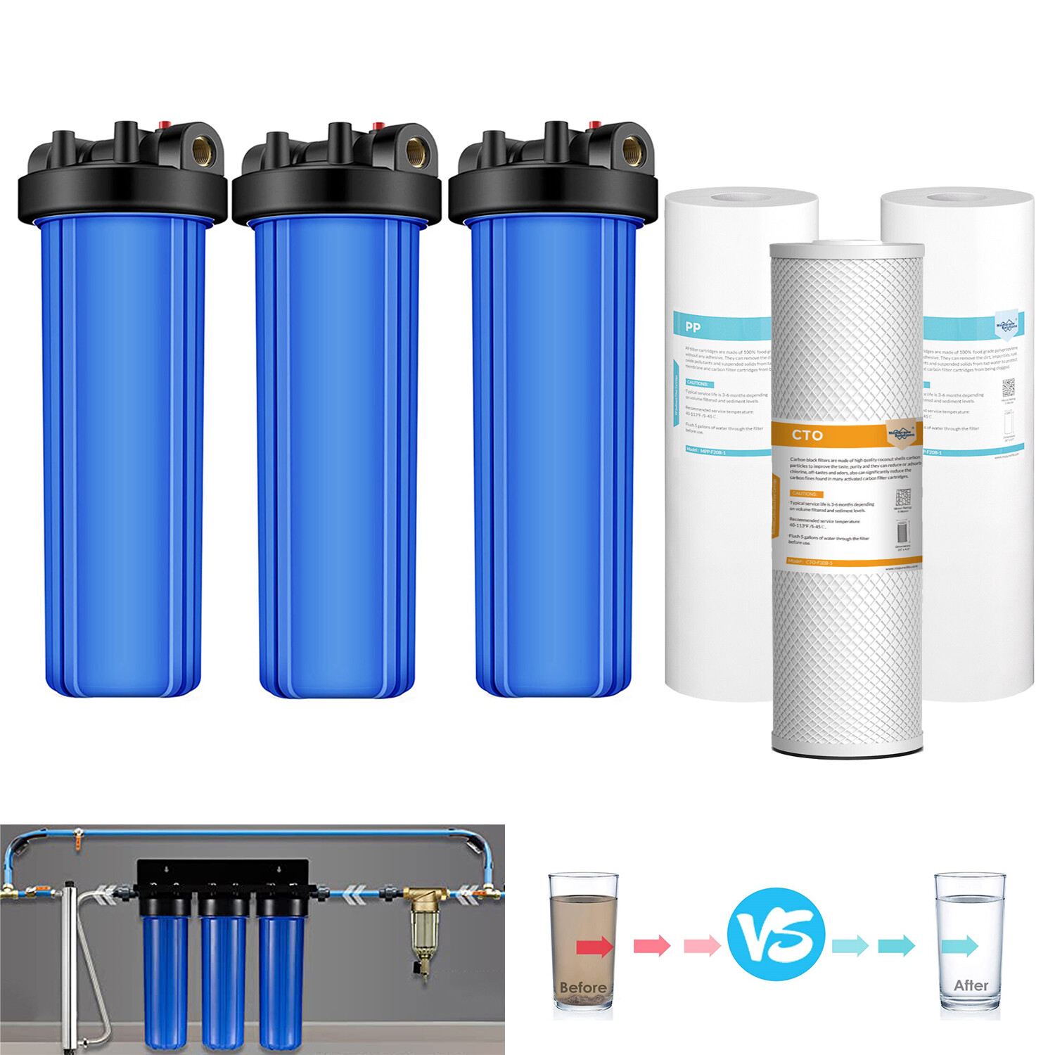 3-Stage 20 Inch Whole House Water Filter Housing System &6PCS PP CTO Filtration gallery