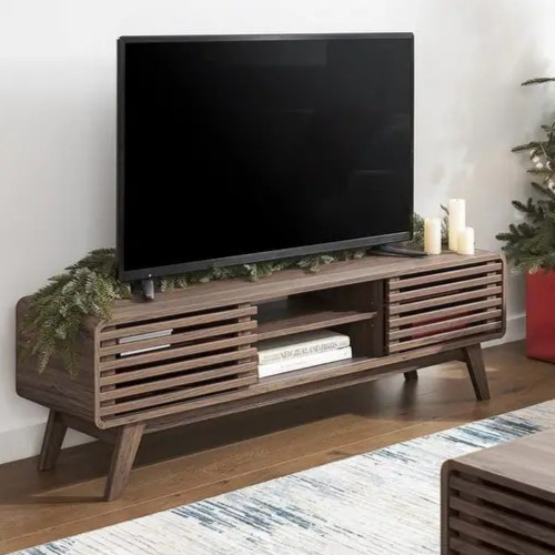 59in Walnut Finished TV Stand with Slatted Doors Mid Century Modern gallery
