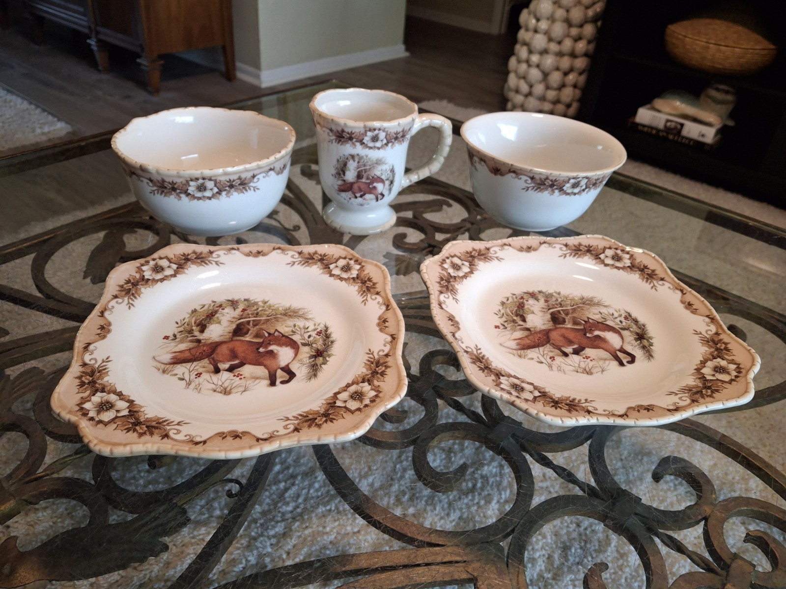 Susan Winget Woodland Cracker Barrel Fox Holly Poinsettia Salad Plates Bowl Mug gallery