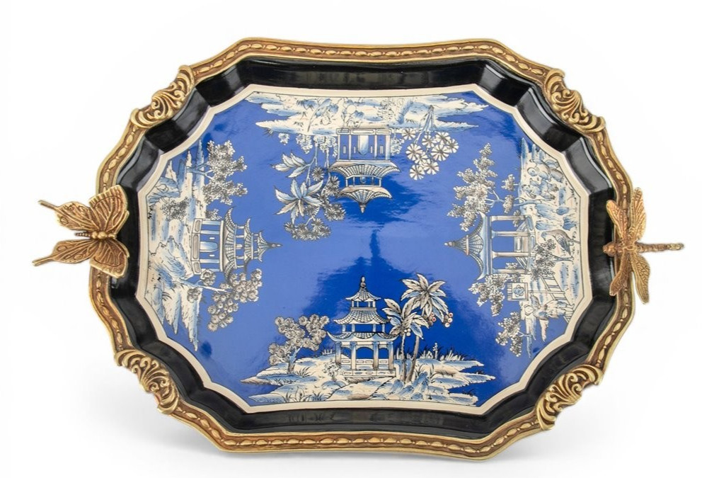 Porcelain Tray With Bronze Ormolu - Azure Pagoda-13.5'' x 3''H gallery