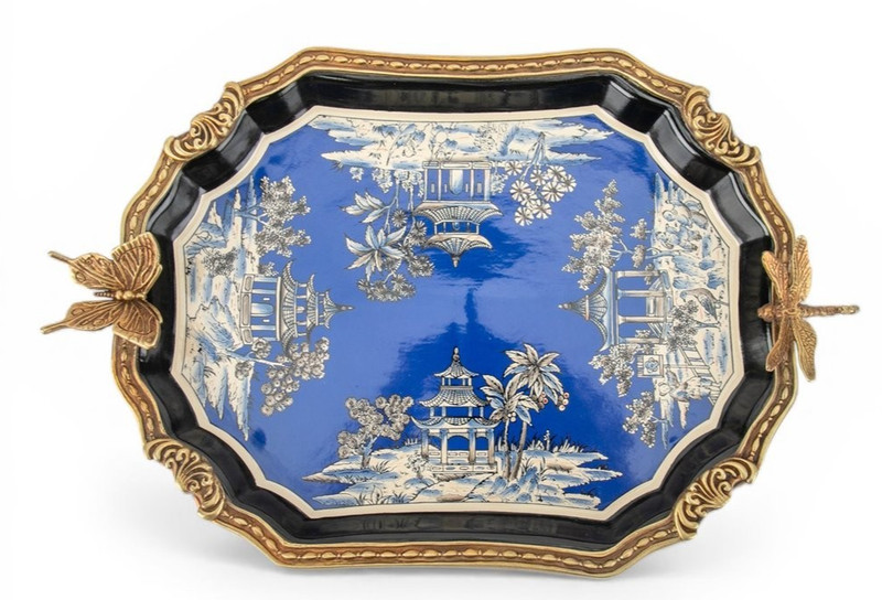 Porcelain Tray With Bronze Ormolu - Azure Pagoda-13.5'' x 3''H gallery