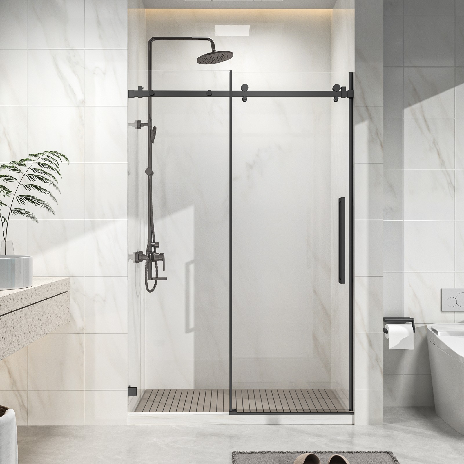 44-48"x72"Single Sliding Shower Door-6mm EasyClean Tempered Glass Matte Black gallery