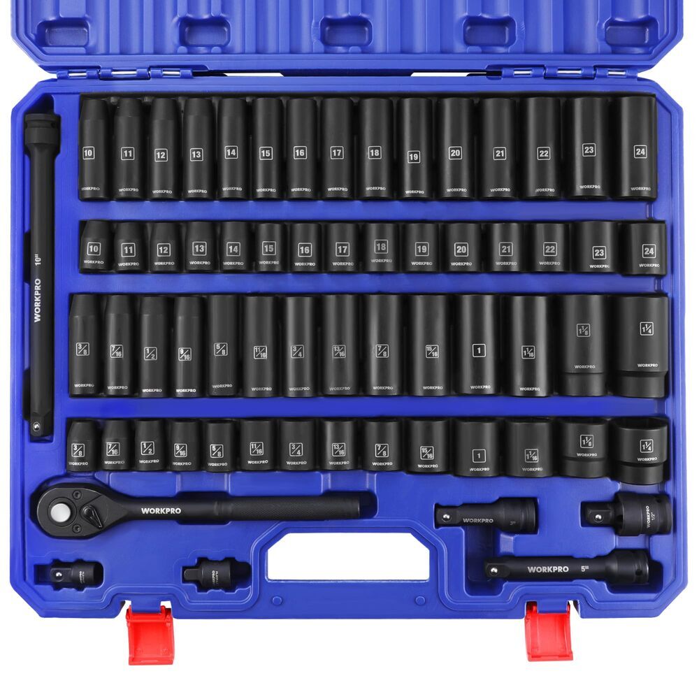WORKPRO 65PC 1/2” Drive Impact Socket Sets 3/8"-1-1/4" 10-24mm Deep Shallow Kits gallery