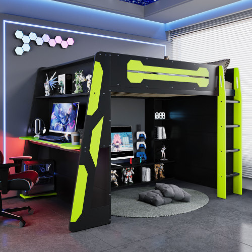 Full Size Gaming Loft Bed with Desk, LED & Storage Shelves Solid Wood Bed Frames gallery