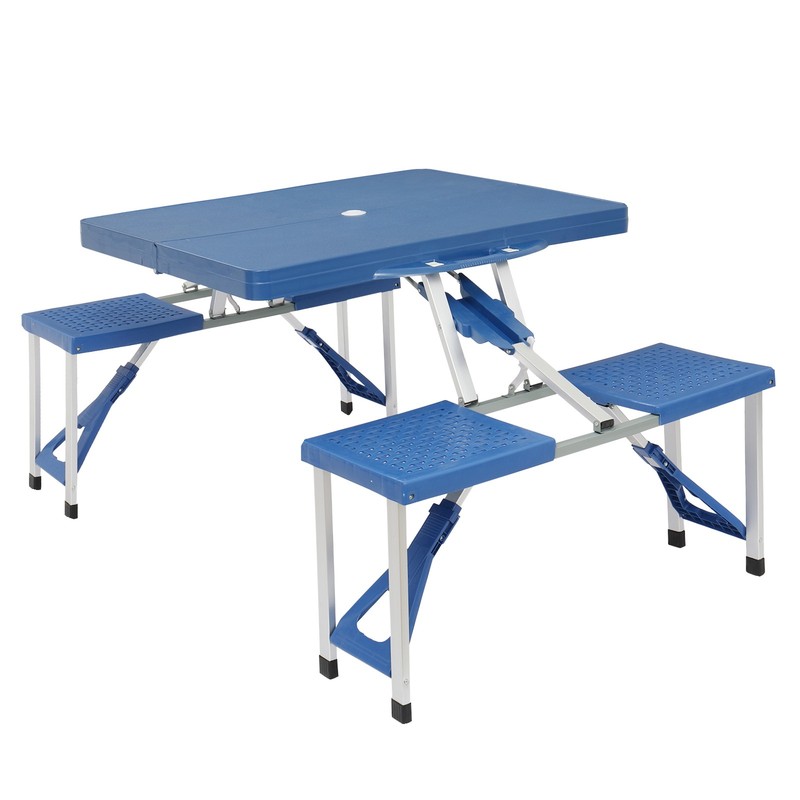 Blue Folding Camping Table with Stool, One‑Piece, Plastic PS, with Umbrella Hole gallery