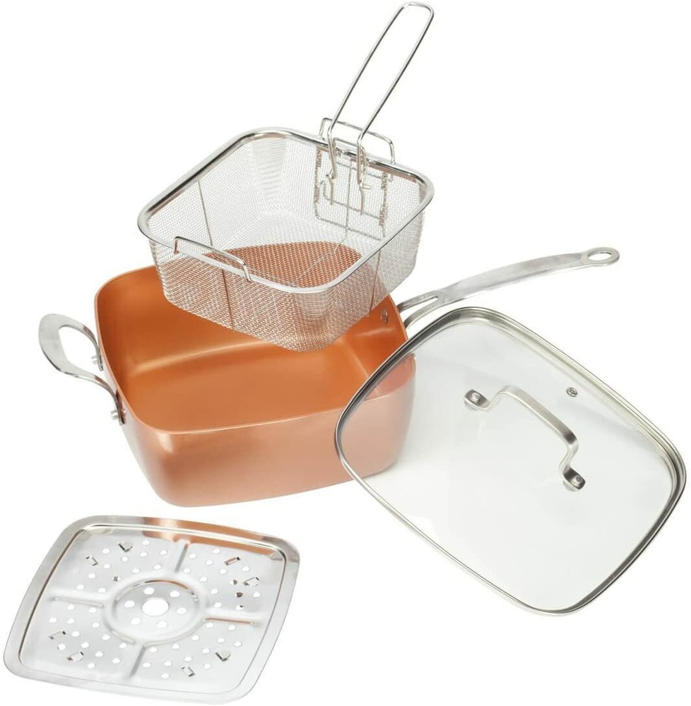 4-pc Square Copper Cookware Fry Basket Pan Set Lid One Size Fits All 9 1/2"