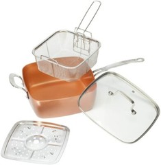 4-pc Square Copper Cookware Fry Basket Pan Set Lid One Size Fits All 9 1/2″