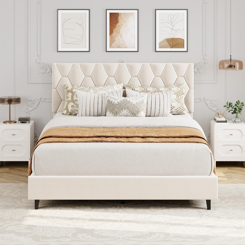 Twin/Full/Queen Size Bed Frame Platform with Upholstered Headboard & Wooden Slat gallery
