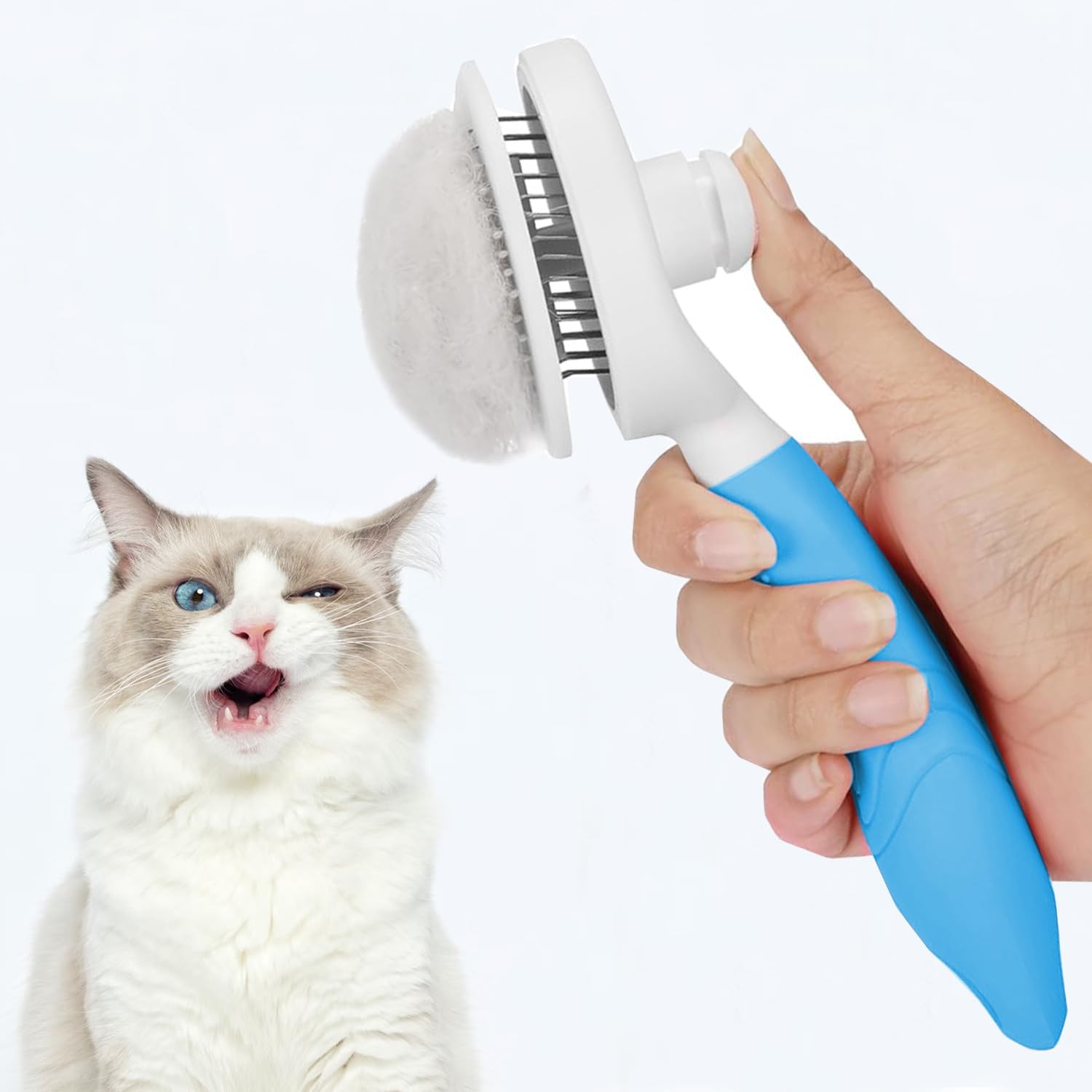 Self Cleaning Slicker Brush - Cat Skin-Friendly Deshedding Blue gallery