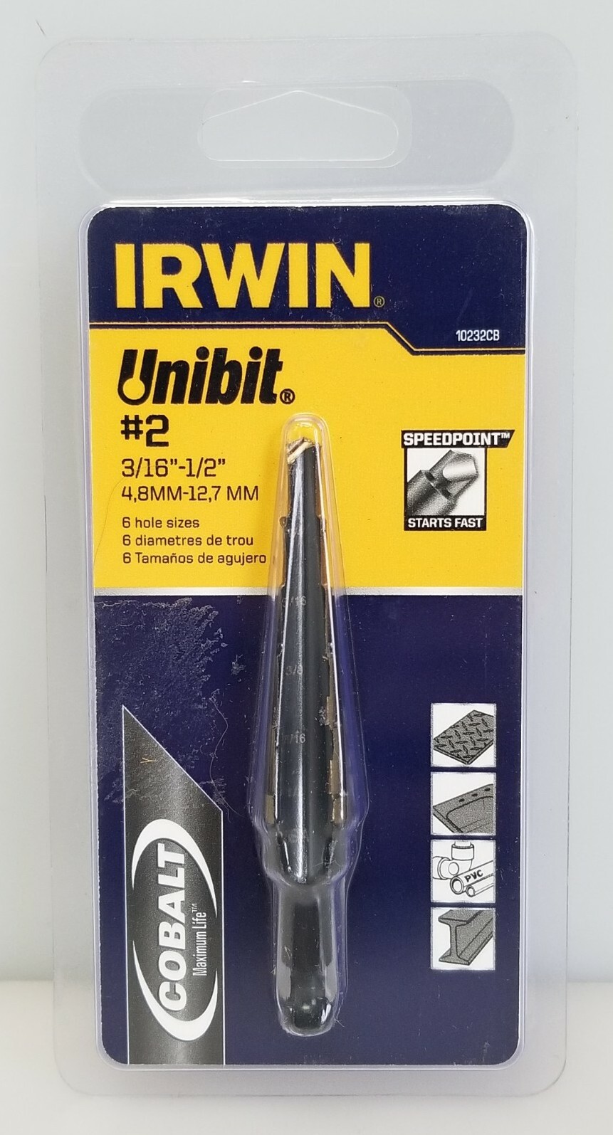 Irwin 10232CB #2 Unibit Step Drill Bit, 3/16" - 1/2", Speed Point Cobalt USA NEW gallery