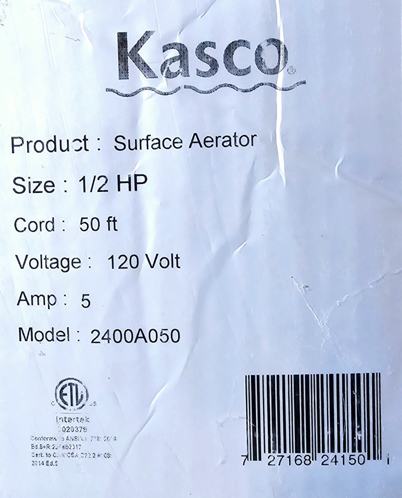 Kasco 2400AF High Performance Surface Aerator - 1/2 HP, 50 ft. Cord gallery