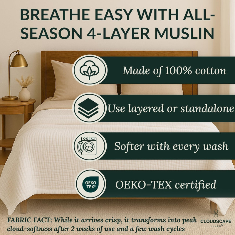 CLOUDSCAPE 4 Layer Muslin Blanket for Adults, 100% Cotton Blanket King Size, 92" gallery