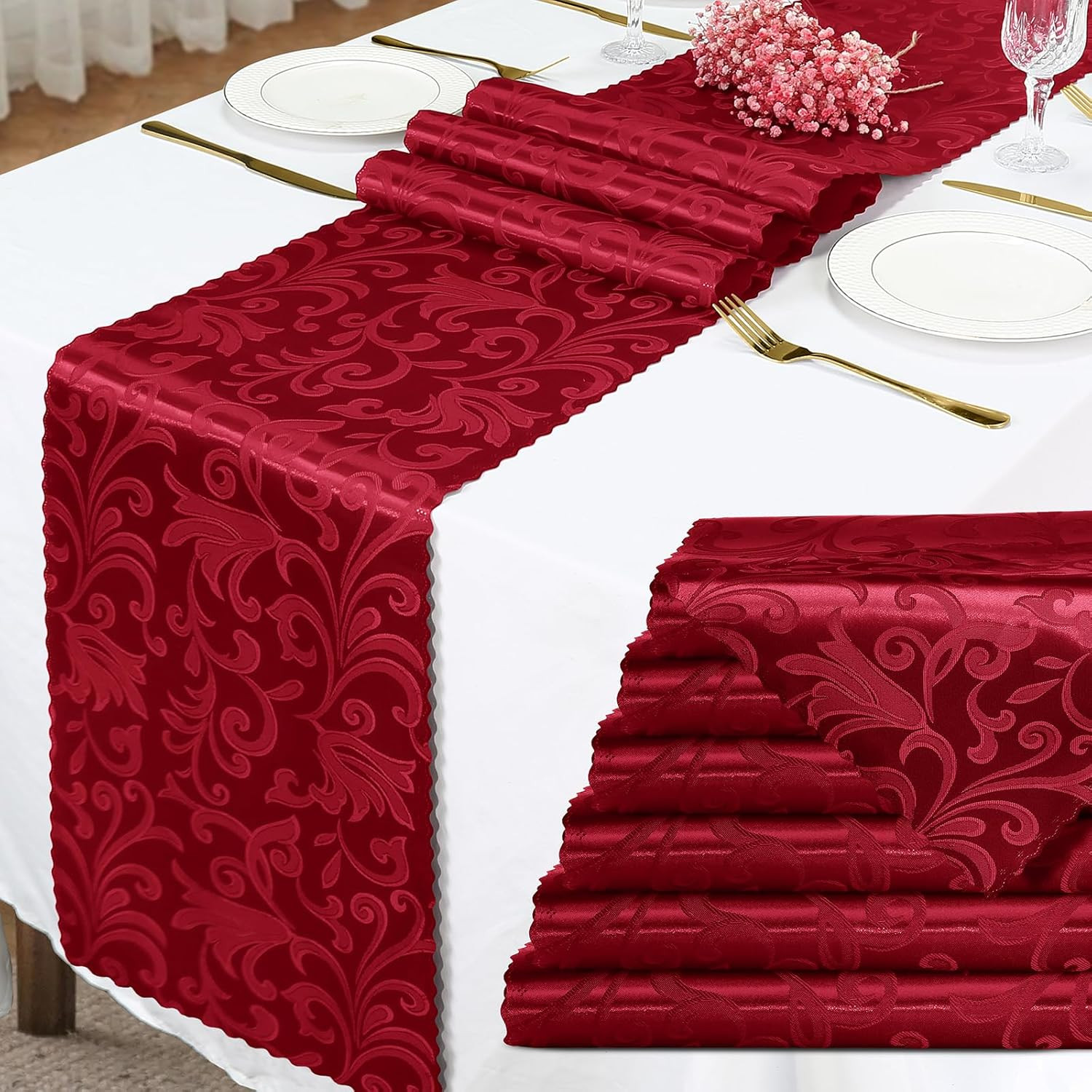 2 Pack Red Satin Table Runner 12 X 108 Inch Long, Bright Smooth Damask Table Run gallery