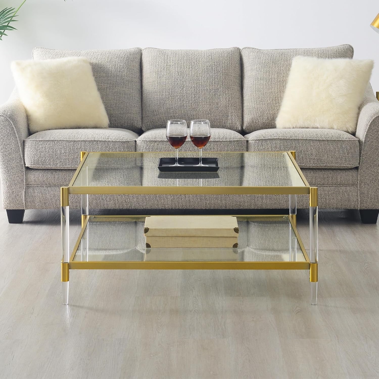 Royal Crest Acrylic Glass Square Coffee Table 34" Modern 2-Tier Tempered Glass gallery