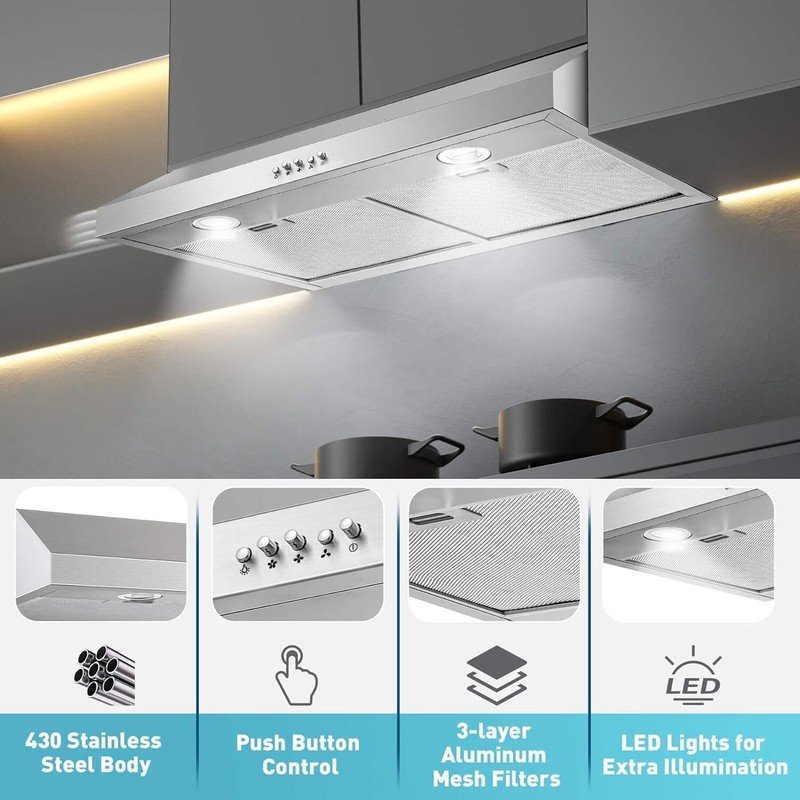 500CFM Kitchen Under Cabinet Range Hood 30 inch Stainless Steel Cook Vent w/LEDs gallery