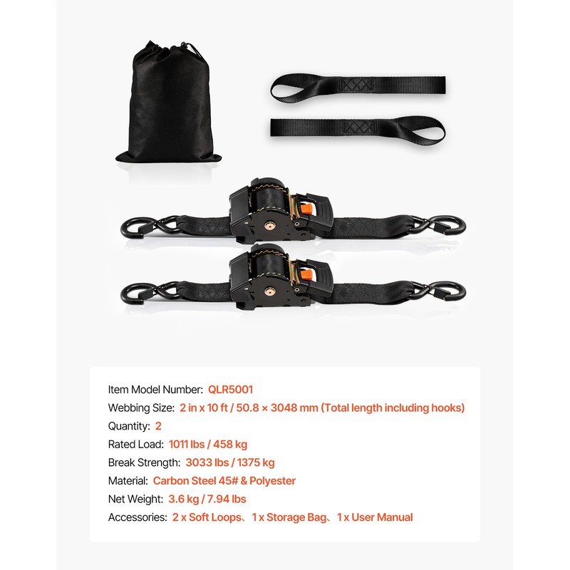 Uimoso 2 Pack 2" x 10' Retractable Ratchet Tie Down Straps, 3033 lbs Capacity gallery