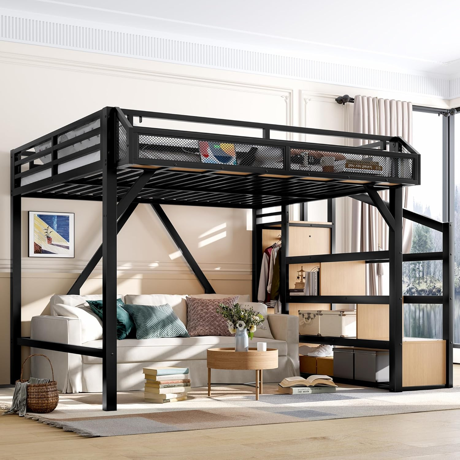 Queen Loft Bed with Storage Stairs, USB Ports, and Shelves - Heavy Duty Metal Fr gallery