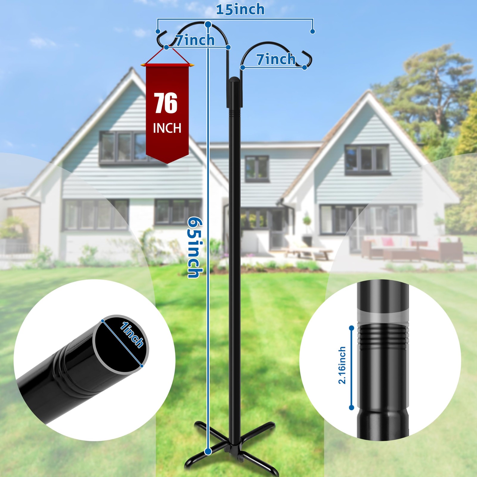 Double Shepherds Hooks for Outdoor, 76 Inch Bird Feeder Pole with 5 Prong Bas... gallery