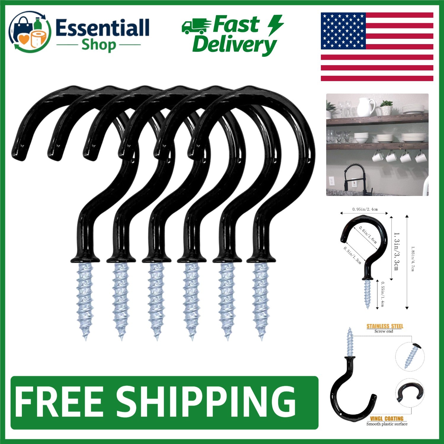 Durable 1-1/4 Inch Screw-in Cup Hooks - 12 Pack Vinyl Coated for Home & Office gallery