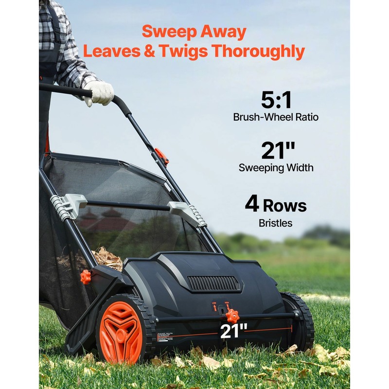 VEVOR Lawn Sweeper Push Leaf Grass Collector 21" 3.5 Cu. Ft. Capacity Adjustable gallery