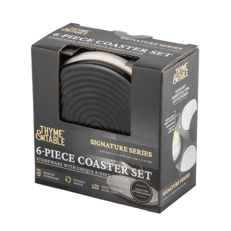 Thyme & Table 6 pack Ceramic Ribbed Coaster Set, Black gallery