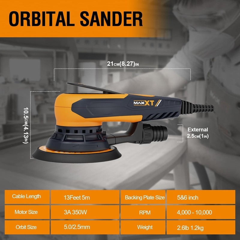 MAXXT Random Orbital Sander,brushless motor,5/6 inch pads,with tool case(orange) gallery