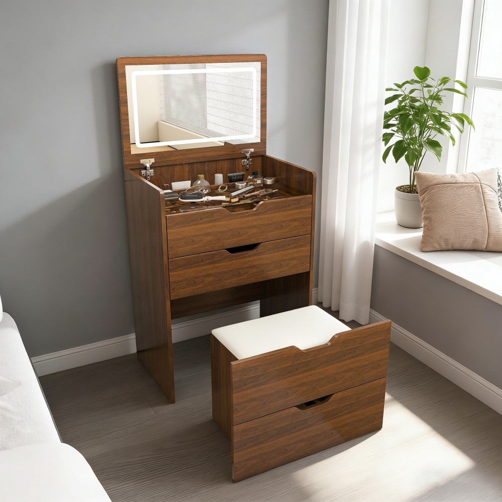 3-in-1 Vanity Desk with Flip Top Lighted Mirror & Storage Stool (23.L, Walnut) gallery