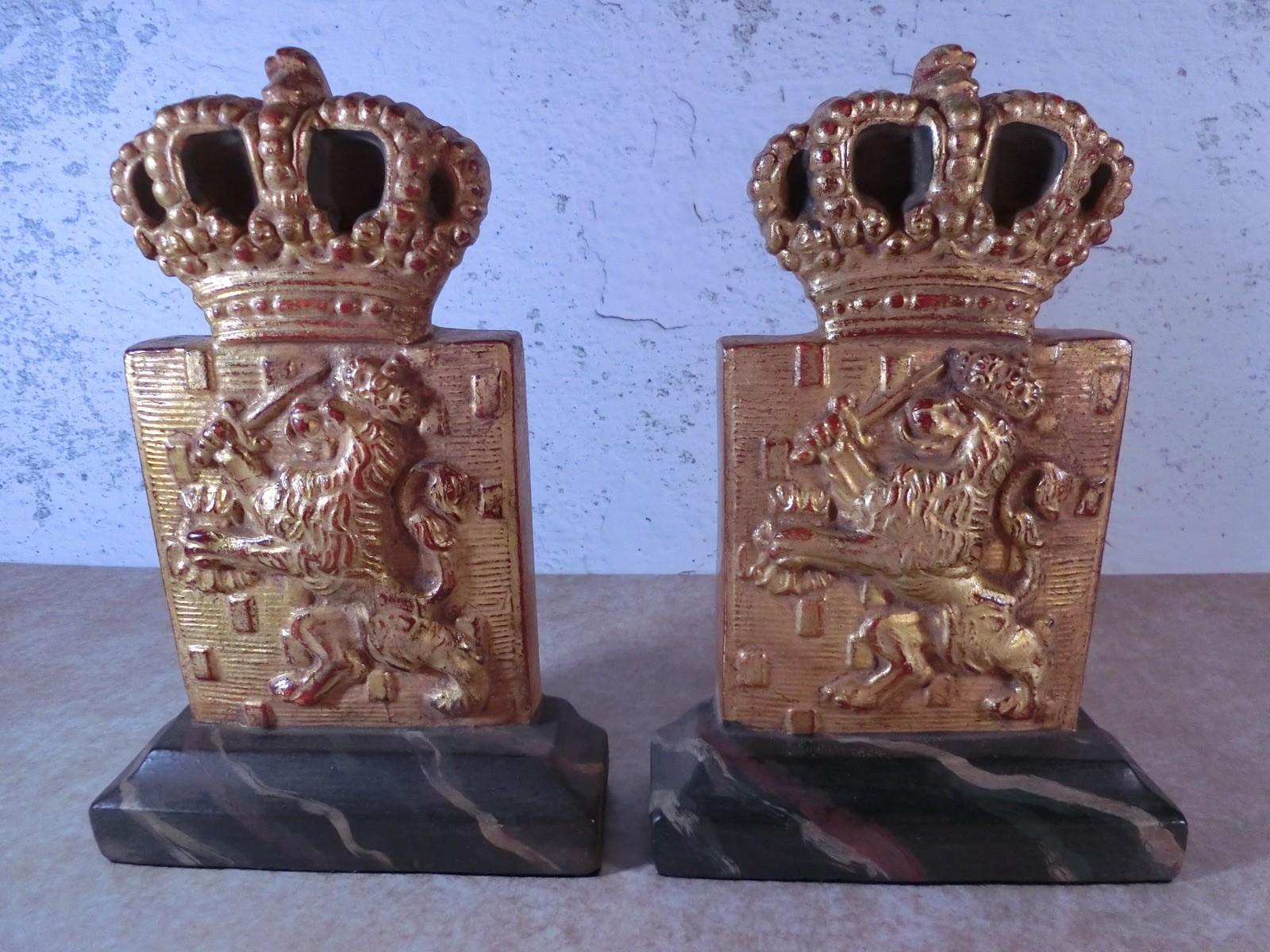 Gold Gilded Regal Lion & Crown Bookends w/Marbleized Base English British Style gallery