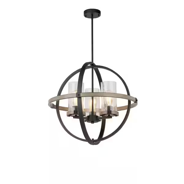 Seedy Glass Cage Pendant Three-Light Matte Black and Gray Wood Finish Chandelier gallery