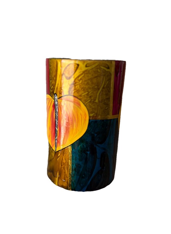 Handmade Ceramic Vase Multicolor Leaves Motif Red Yellow Green Black Gold Glossy gallery