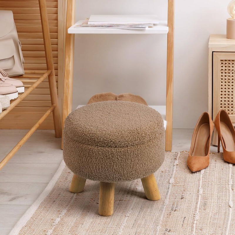 Small Round Ottoman with Storage, Boucle Teddy Velvet Footstool with Wood Legs gallery